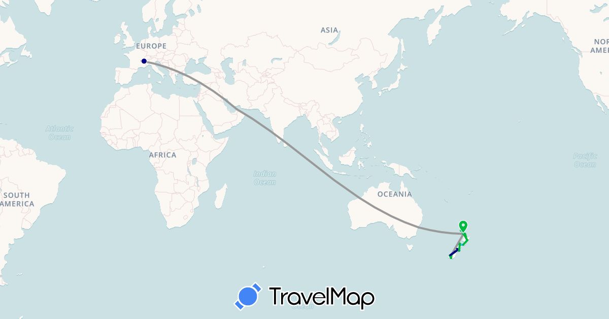 TravelMap itinerary: driving, bus, plane, hiking, boat in United Arab Emirates, Australia, France, New Zealand (Asia, Europe, Oceania)